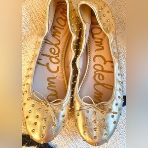 SAM EDELMAN Fanley Metallic Gold Leather Stud-Embellished Ballet Flats